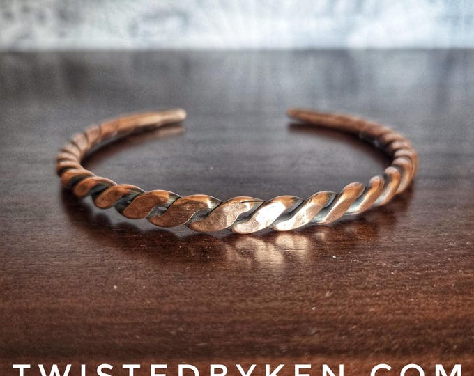 Handmade Twisted, Flattened, Tapered Copper Cuff Bracelet, Made From Recycled 10ga Wire, Cold Forged Artisan Statement Jewelry