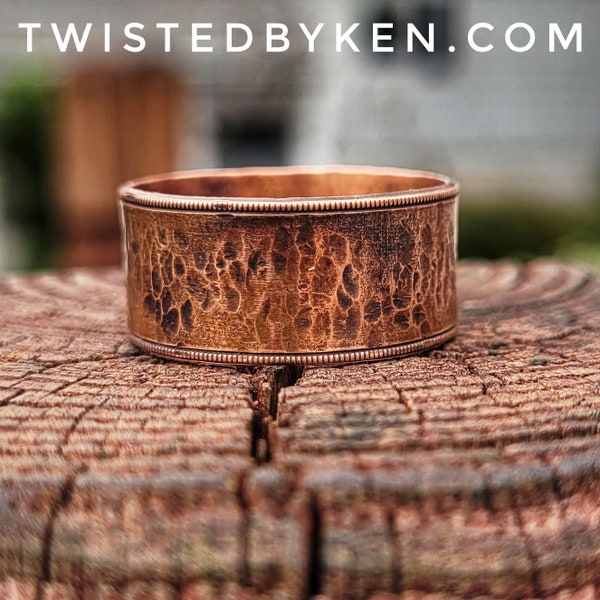 Recycled Copper Ring, Approximately 10mm Width, Hammered Texture,  Milled Edge, Made From Recycled Copper Pipe, Made To Size