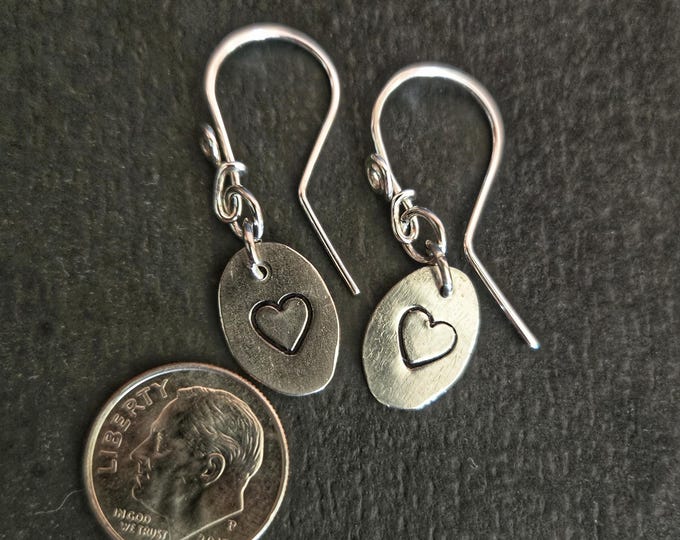 Handmade Upcycled Heart Stamped Earrings - Stamped Coin Remnants, Sterling Silver Earwires, TBK-087