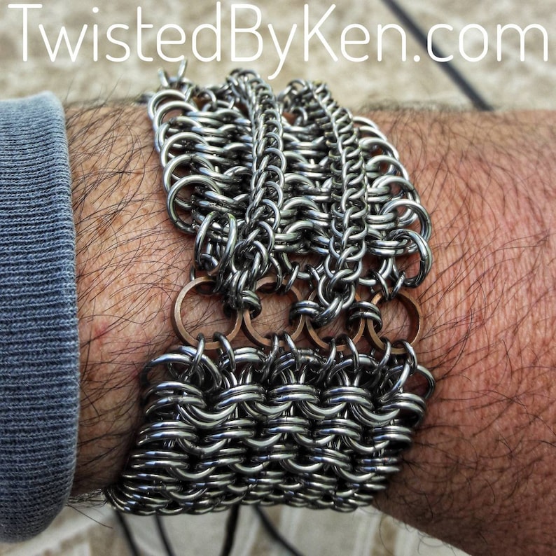 Stainless Chain Maille Bracelet, Kings Maille Weave, Copper Accents, Chain Accents 17ga, Adjustable, 1.75in Wide Free Shipping, TBK050619 image 3