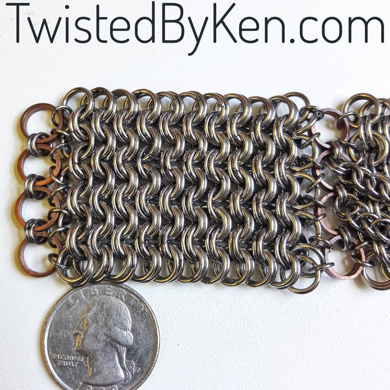 Stainless Chain Maille Bracelet, Kings Maille Weave, Copper Accents, Chain Accents 17ga, Adjustable, 1.75in Wide Free Shipping, TBK050619 image 7