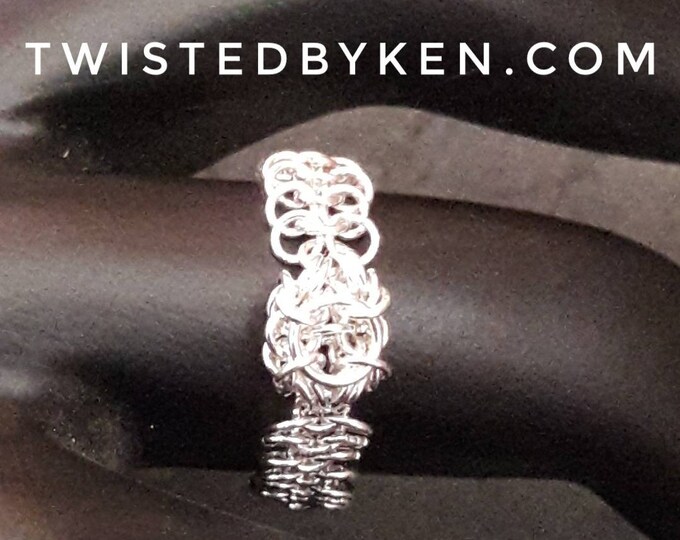 Handmade Micro Maille Ring, Welded 24ga Sterling Silver Links, Byzantine Knot Focal, European Weave Band, Size 10 Free Shipping TBK045