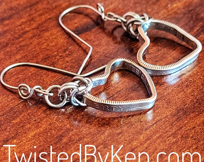 Handmade Drop & Dangle Heart Shaped Earrings Made From Dimes, Handmade Stainless Steel Ear Wires, TwistedByKen, TBK021