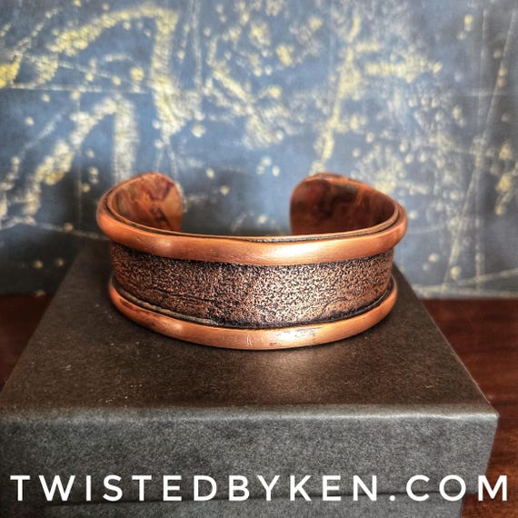 Handmade Recycled Copper Cuff Bracelet, Double Rib Textured Statement Cuff, 1" Wide, Custom Sizes - TwistedByKen