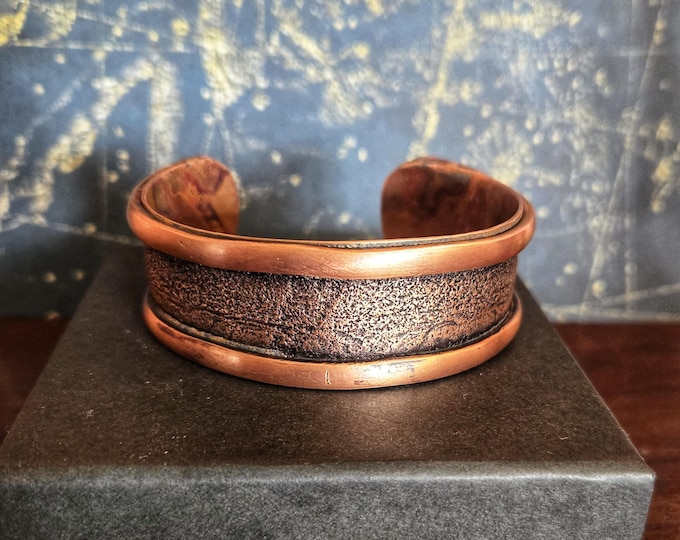 Handmade Recycled Copper Cuff Bracelet, Double Rib Textured Statement Cuff, 1" Wide, Custom Sizes - TwistedByKen