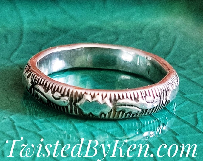 Handmade, Scroll & Leaf Patterned, Sterling Silver Ring, Stackable, Fashioned From 8 Gauge Wire. 4mm, 5/32nds Wide Twisted By Ken TBK014