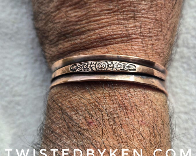 Handmade Anticlastic Copper Cuff Bracelet, Recycled Copper, Die Struck Floral Pattern –TwistedByKen