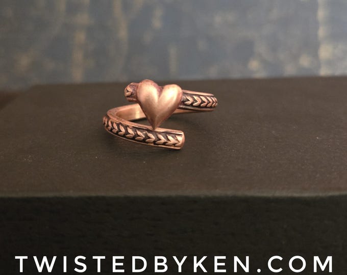 Adjustable, Antiqued Copper, Heart Ring - Handmade From Recycled Copper and American Sourced Copper Wire