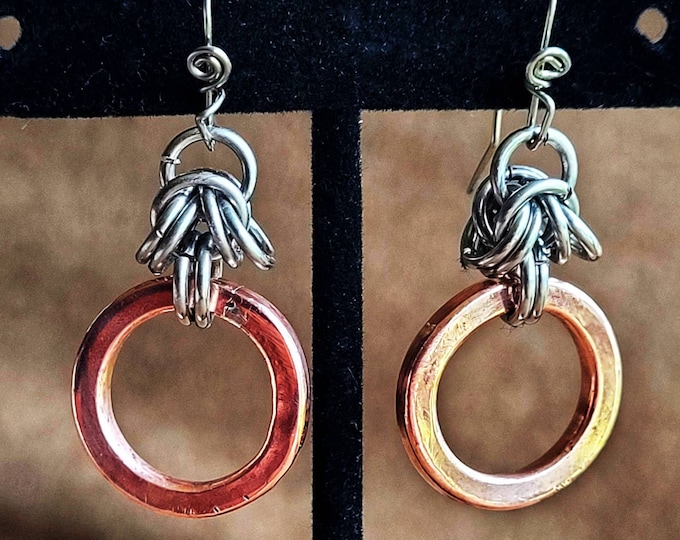 Handmade, 1.75in Drop, Drop And Dangle Earrings, Chunky Copper Mini-Hoops With Stainless Steel Hadmade Ear Wires, TwistedByKen