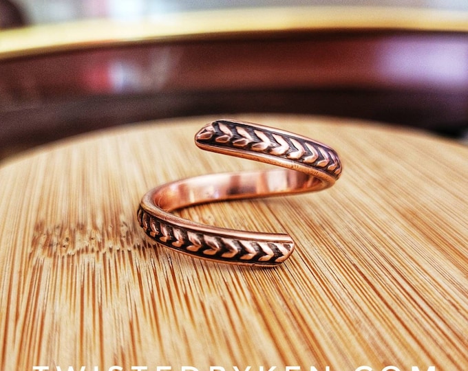 Adjustable, Handmade, Wheat/Double Leaf Patterned Spiral Band, Antiqued Copper Ring, Fashioned From 8 Gauge Wire