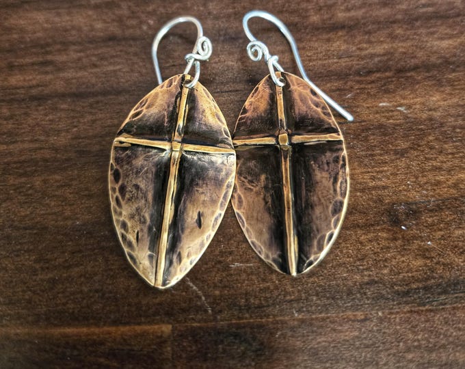 Handmade, Recycled Penny Cross Earrings - Antiqued, Hammered, Fold-Formed Dangles with Sterling Silver Ear Wires - TwistedByKen