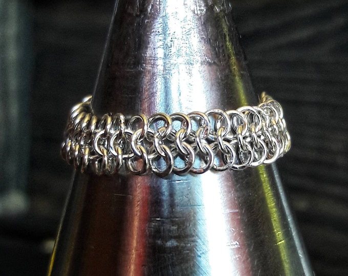 Handmade Micro Maille Ring, Welded 24ga Sterling Silver Links, European 4in1 Weave, Size 9, Free Shipping, Satisfaction Guarantee TBK042