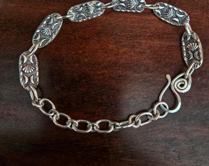 Hand-Fabricated .925 Sterling Silver Link Bracelet Featuring Intricate Patterned Tiles, Custom Sized Fit