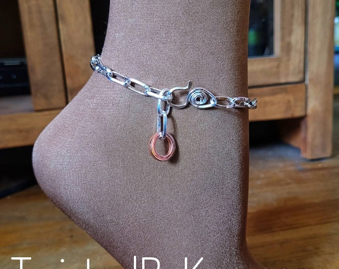 Handmade, Chunky, 11in Sterling Silver, Anchor Chain Anklet With  Copper Dangle, Very Adjustable ,Soldered Links, Free Shipping, TBK041