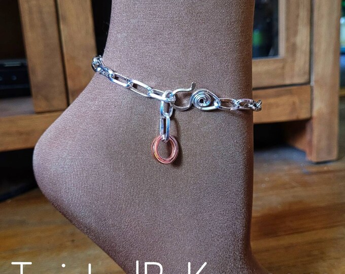 Handmade Sterling Silver Anchor Chain Anklet, 11in, Adjustable, Copper Dangle, Soldered Links, Free Shipping, TBK041