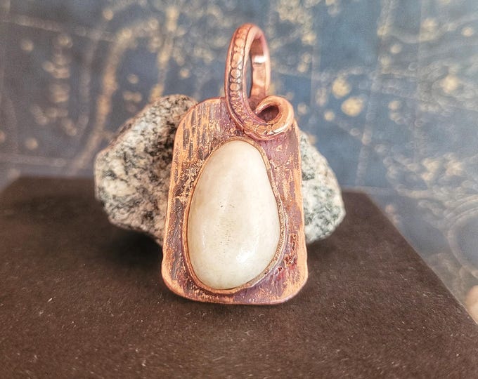 Hand Fashioned, White Stone On Antiqued, Hammered Copper Bezel Pendant, Made From Recycled Copper And Found Stone TBK014