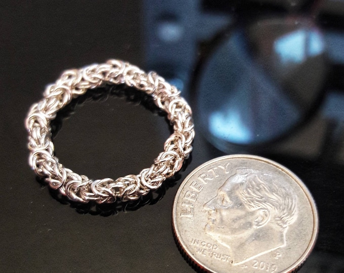 Handmade Micro Maille Ring, Welded 24ga Sterling Silver Links, Byzantine Weave, Size 6.5, Free Shipping, Satisfaction Guarantee TBK070320