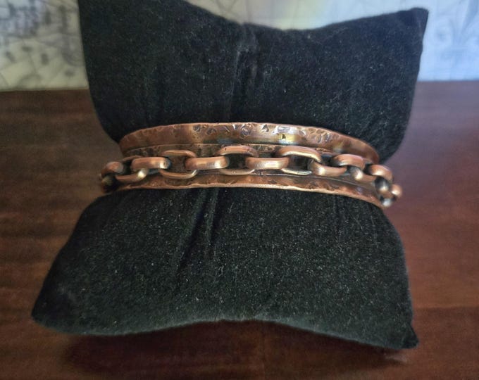 Handmade Antiqued Recycled Copper Anticlastic Cuff Bracelet, Hammered Tubing with Chain Detail, 15mm Wide, Custom Size - TwistedByKen
