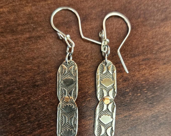 Handmade Patterned Earrings, Made With Upcycled Coin Metal, Sterling Silver Earwires and Copper Rivets TBK-008