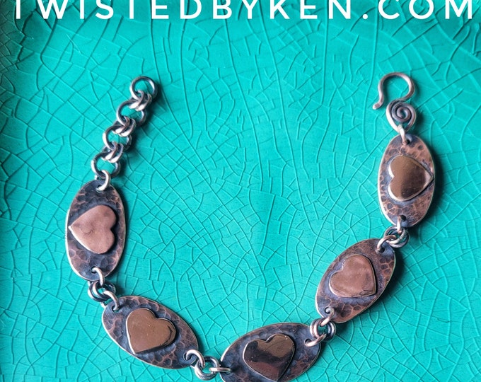 Recycled Antiqued Copper, Heart Chain Bracelet, Made From Copper Pennies & Wire, Handmade To Size, Free Standard Shipping.