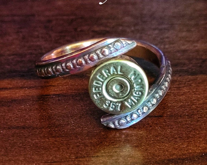 Handmade, Adjustable, Patterned Spiral Band, Antiqued Copper Ring, Fashioned From 8 Gauge Wire & Spent 357 Magnum or 45 ACP Casing TBK