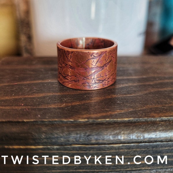 Textured Copper Band Ring, 1/2in Width, Faux Leather Texture, Made From Recycled 3/8th Copper Tubing, Made To Size
