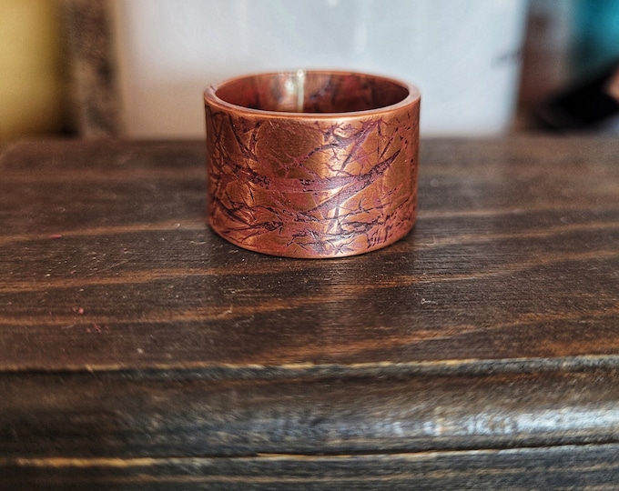 Textured Copper Band Ring, 1/2in Width, Faux Leather Texture, Made From Recycled 3/8th Copper Tubing, Made To Size