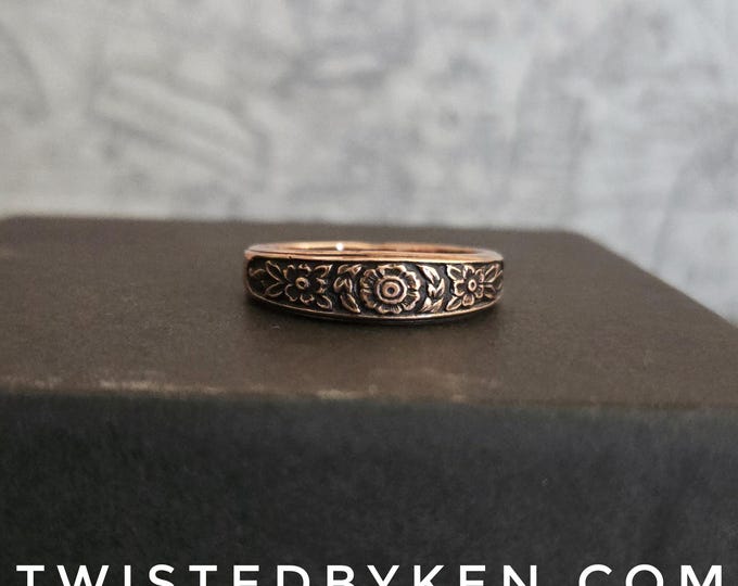 Vintage Styled Handmade Copper Ring, Recycled Copper, Die Struck Floral Pattern, 6mm Tapered Band