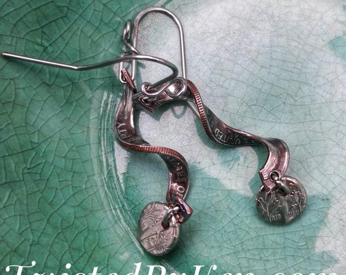 Unique Handmade Drop Dangle Earrings from Recycled Dimes with Spiral Design and Sterling Silver Ear Wires TBK003