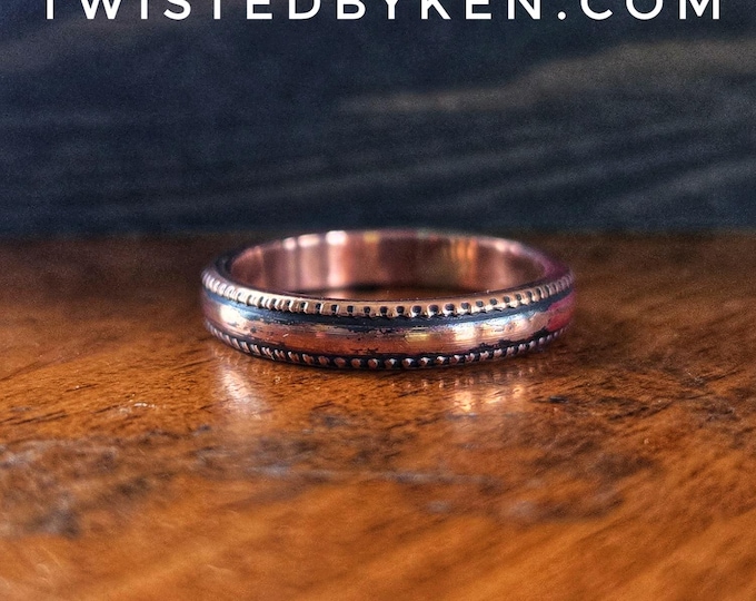 Handmade Antiqued Copper Band Ring, Textured Beaded Edge, From 8 Gauge Wire, 3.5mm Wide Stackable Artisan Made, Twisted By Ken