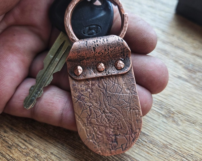 Handmade Recycled Copper, 3 Rivet, Key Fob - Hammered Wire Ring with Creased Leather Texture- 1.25in × 2.25in - TwistedByKen