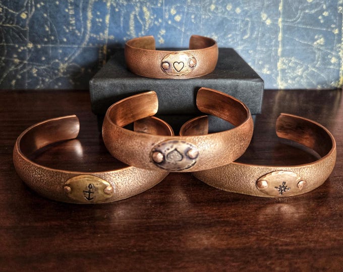 Handmade Recycled Copper Cuff Bracelet, Coarse Sandy Texture with Hand Stamped Tile - Custom Size - TwistedByKen