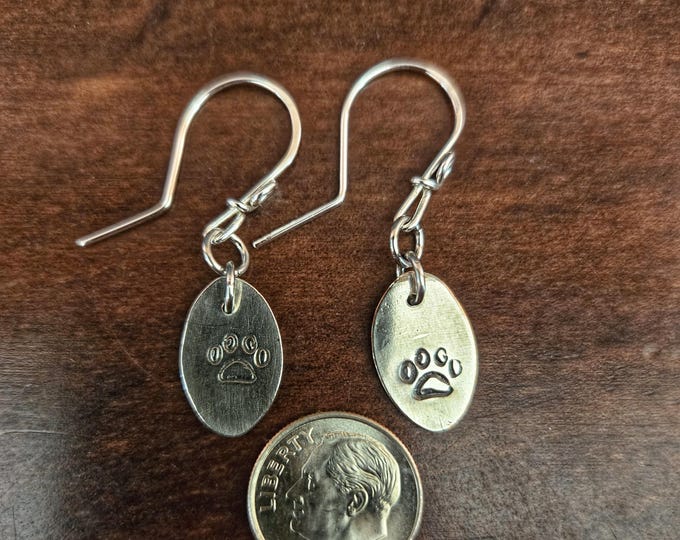 Handmade Upcycled Paw Print Earrings - Stamped Coin Remnants, Sterling Silver Earwires, Unique Pet Lover Gift TBK-087