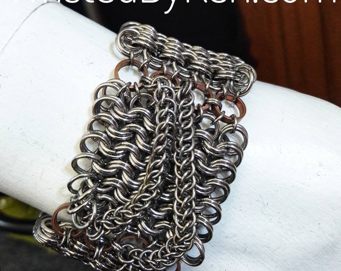 Stainless Chain Maille Bracelet, Kings Maille Weave, Copper Accents, Chain Accents  17ga, Adjustable, 1.75in Wide Free Shipping, TBK050619