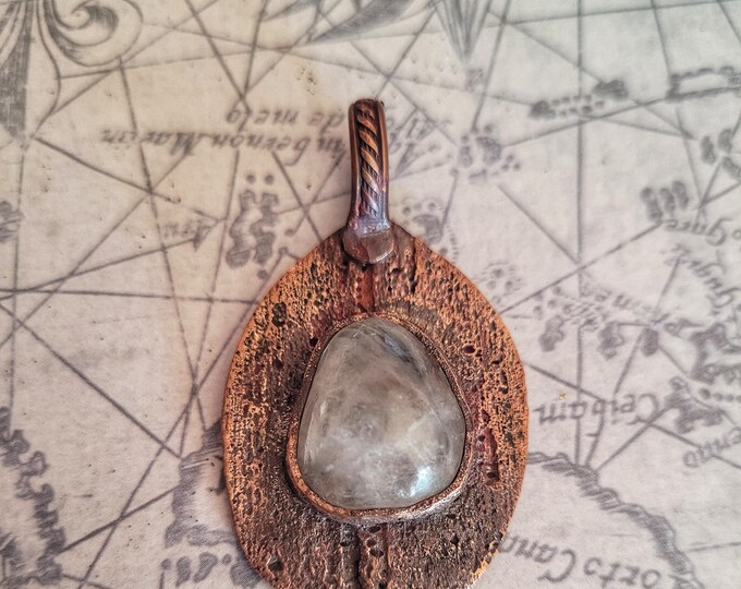 Hand Fashioned, Beach Stone, On  Round, Etched,  Antiqued Copper Bezel Pendant, Made From Recycled Copper And Found Stone TBK061