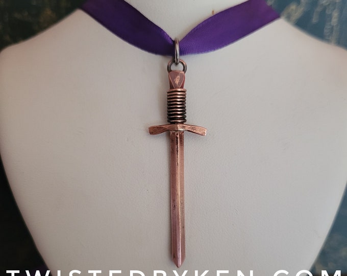 Antiqued Copper,Sword Pendant With Stainless Steel Jump Ring, Two Inches Long, Handmade Entirely From American Sourced Wire TBK040