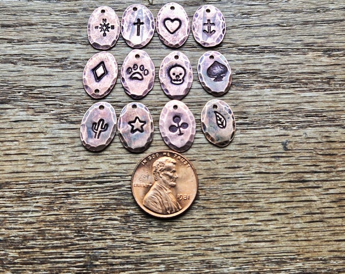 Handmade Recycled Penny, Tag/Charm, Hammered Oval Custom Stamped Tag 16x10.5mm - TwistedByKen