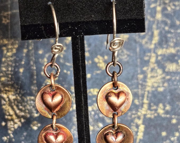 Recycled, Antiqued Copper, Drop & Dangle Earrings, Double Heart Shaped Adornments and Backings, Sterling Hook Earwires, 2 Inch Dangle TBK027