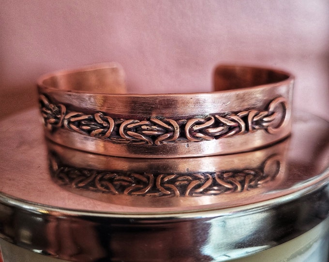 Handmade, Recycled Copper Tubing Cuff Bracelet, With Shaped Byzantine Weave Adornment, 1/2in Wide, Adjustable. Free Standard Shipping TBK030