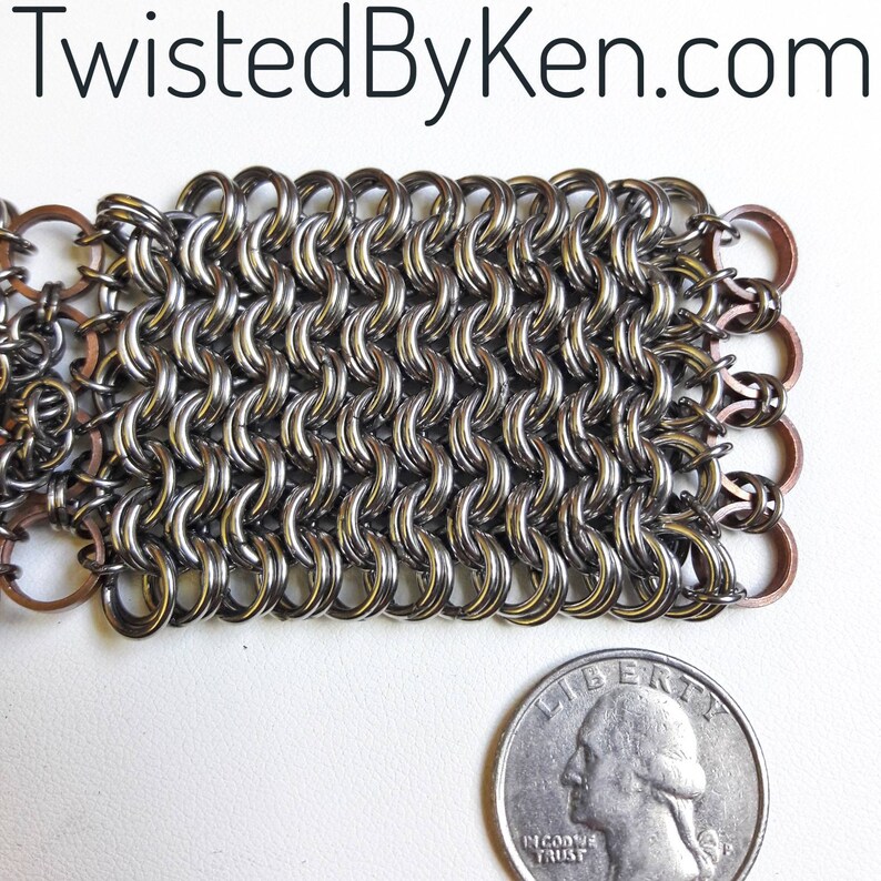 Stainless Chain Maille Bracelet, Kings Maille Weave, Copper Accents, Chain Accents 17ga, Adjustable, 1.75in Wide Free Shipping, TBK050619 image 9