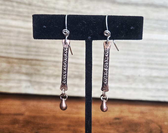 Handmade,  Antiqued, Recycled Copper, Dangle Earrings, Patterned Swirl Texture, Sterling Silver Earwires –Twisted By Ken