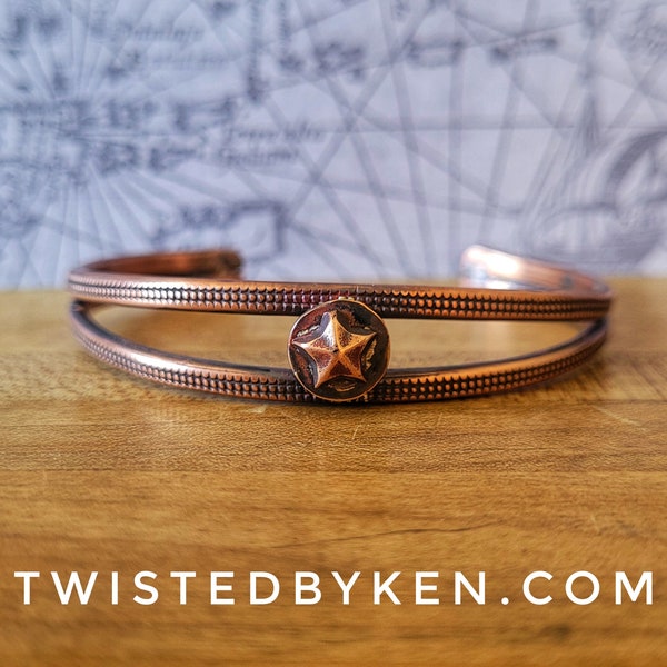 Antiqued Copper Cuff Bracelet With Star Adornment Made From 8ga Copper Wire, Made To Size