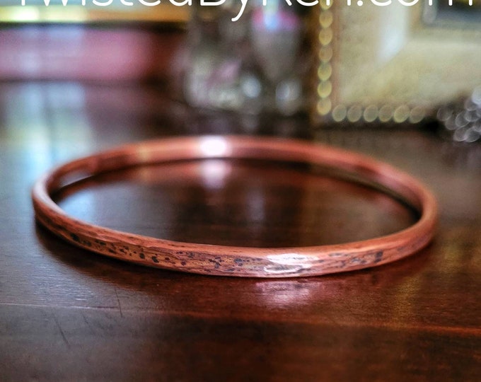 Cross Peen Hammered, Antiqued Copper Bangle Bracelet, Handmade From 8ga Copper Wire, 5/32in 4mm Width, Sized To Fit TBK028