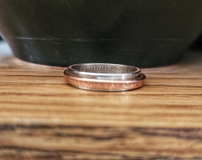 Handmade Dime and Penny Coin Spinner Fidget Ring - Custom Size Up to US 11 - Twisted By Ken TBK006