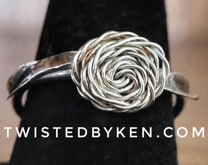 Handmade Sterling Silver Rose  With Leaves, Stacking Ring, Made From 16 & 24 Gauge Silver Wire, Twisted By Ken, TBK012