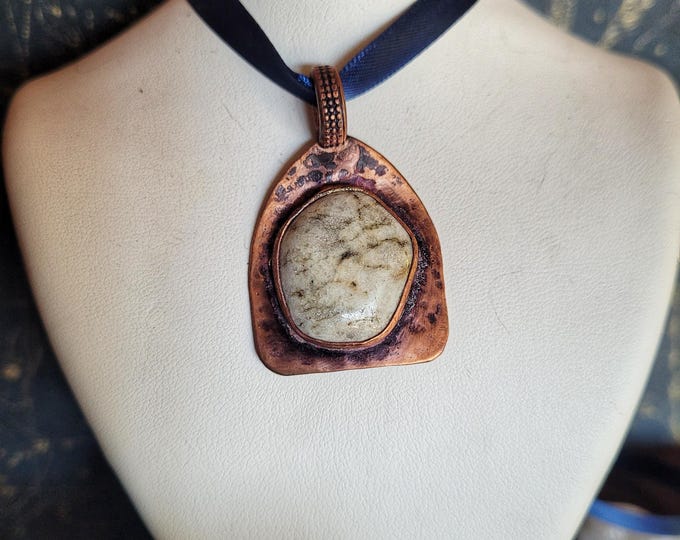 Handcrafted Boho Pendant Necklace - Recycled Copper, Natural Cream & Brown Found Stone, Antiqued Hammered Bezel
