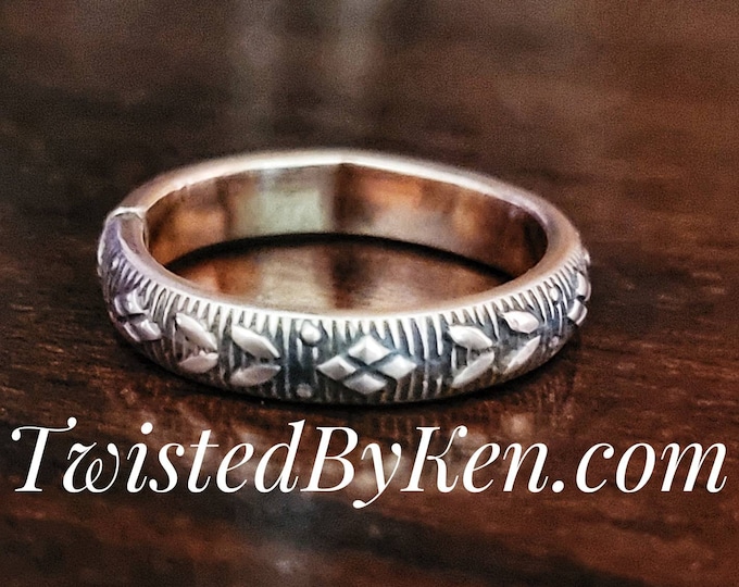 Handmade, Double Leaf Patterned, Antiqued Copper Ring, Stackable, Fashioned From 8 Gauge Wire. 4mm, 5/32nds Wide Twisted By Ken TBK051021