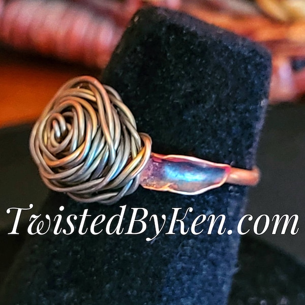 Handmade Antiqued Copper Rose  With Leaves, Stacking Ring, Made From 16 & 24 Gauge Copper Wire, Twisted By Ken