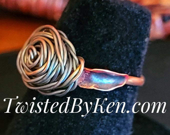 Handmade Antiqued Copper Rose  With Leaves, Stacking Ring, Made From 16 & 24 Gauge Copper Wire, Twisted By Ken