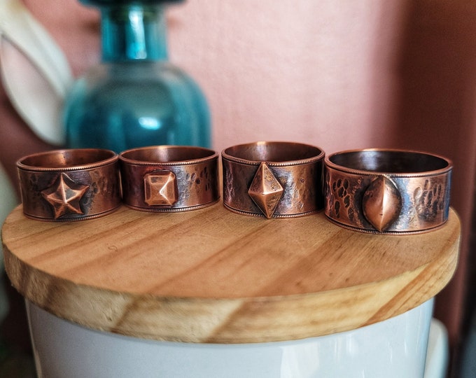 Ring Made From Recycled/Scrap Copper, Approx 11mm (7/16in) Width, Hammered Texture, Milled Edge, Center Adornment, Made To Size